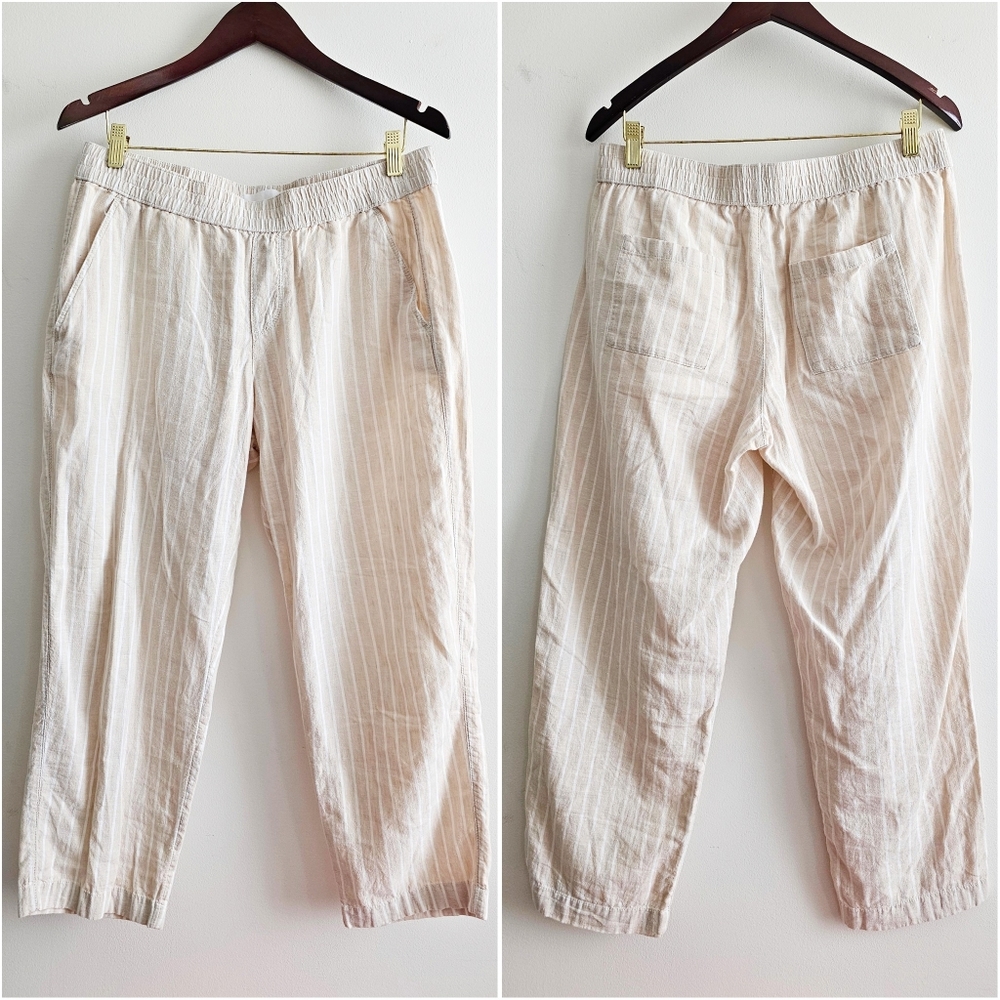 Sonoma Linen Cotton Women's Tan White Trousers Striped Summer Casual Pants Sz M